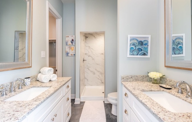 a bathroom with two sinks and a toilet and a shower