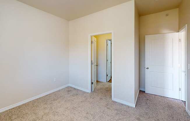 a bedroom with white walls and carpeting and a door to a closet