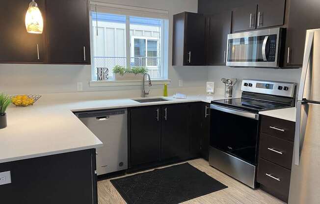A modern kitchen with black cabinets and stainless steel appliances.