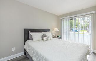 a bedroom with a bed in a room