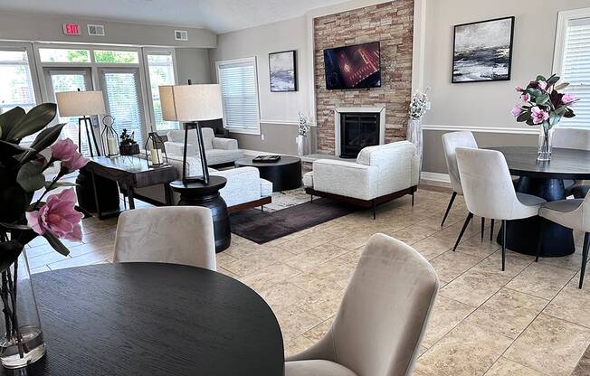 Fireplace In Clubhouse Lounge Area at Lynbrook Apartment Homes and Townhomes, Elkhorn, NE, 68022