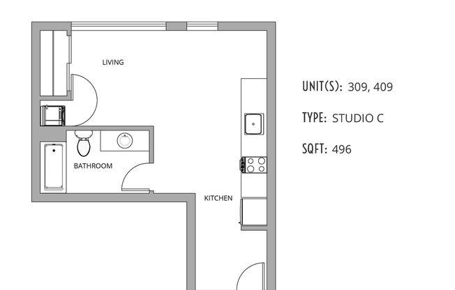 Studio, 1 bath, 357 sqft, $1,995, Unit 409