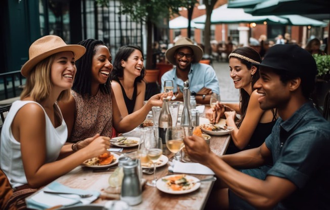 a group of people sitting at a table eating at a restaurant