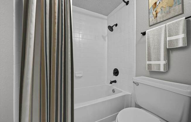 A white bathroom with a toilet, a bathtub, and a shower curtain.