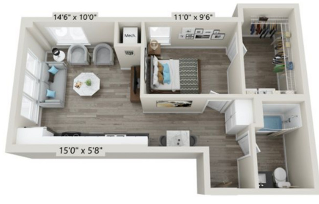 1 bed, 1 bath, 651 sqft, $1,595, Unit 104