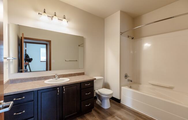 a bathroom with a sink toilet and shower and a mirror