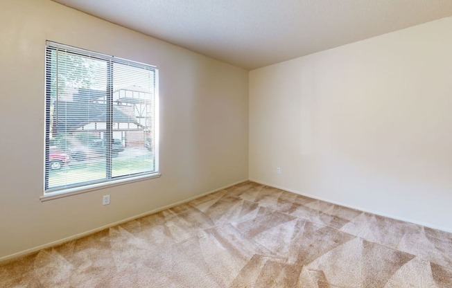 an empty bedroom with a window and carpeting