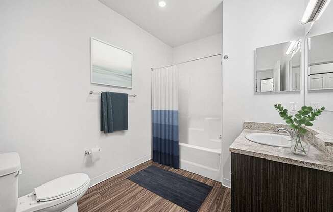 A main bathroom with a toilet, sink, and mirror at Trade Winds Apartment Homes, Elkhorn, Nebraska