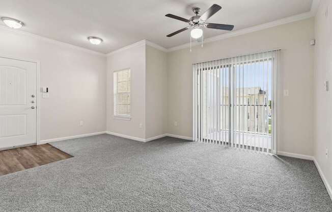 A room with a ceiling fan and carpeted floor.