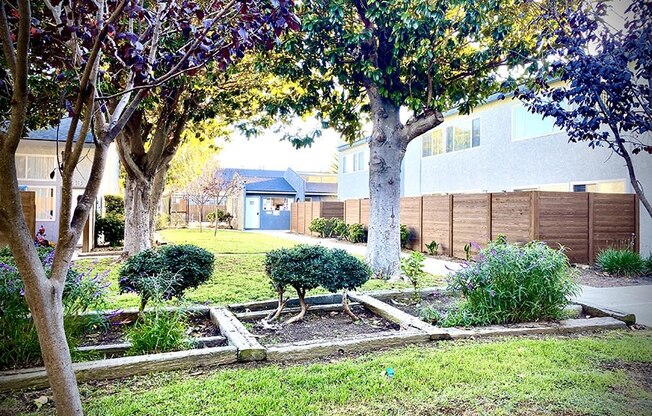 a garden with trees and shrubs in front of a house at Fiesta Apts, Lompoc, CA 93436