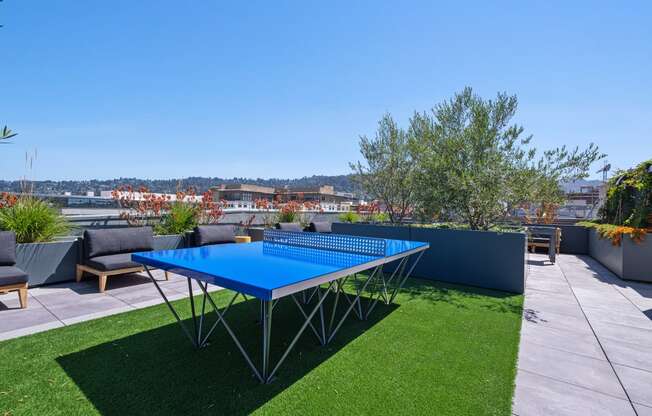 Three-BR Apartments In Berkeley, CA - The Addison - Rooftop Patio With A Ping Pong Table, City Views, And Outdoor Furniture