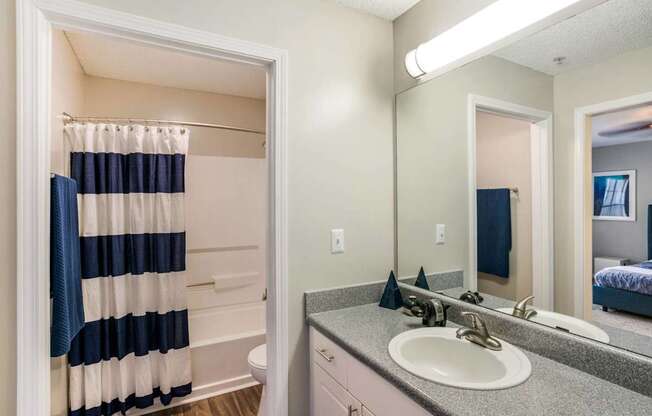 A bathroom with a white sink and a mirror.