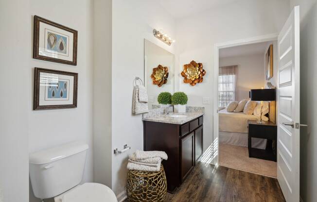 Bathroom with a toilet and a sink in a room with a bedroom  at The Meadows, Bloomingdale