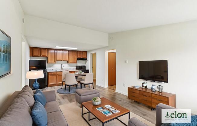 A living room with a couch, a coffee table, and a television.