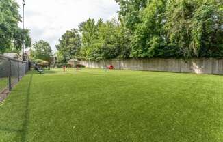 a large grassy area with a fence on one side and a playground on the other