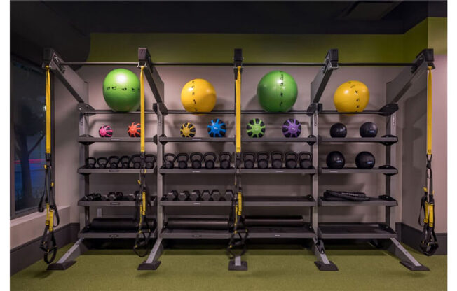 a fitness room with a rack of weights and other exercise equipment at Shearwood Station, New Rochelle, NY, 10801