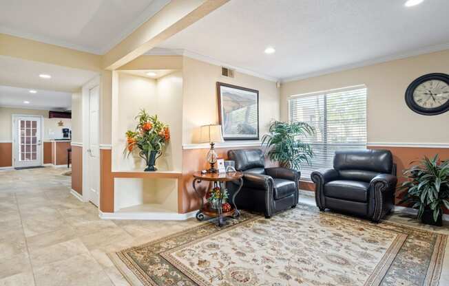 a living room filled with furniture and a large rug