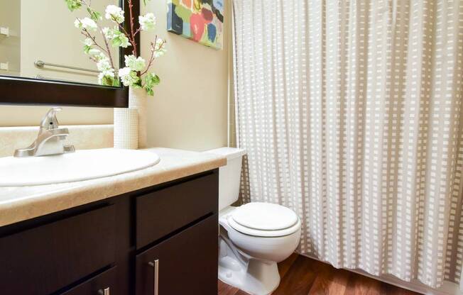 A white toilet sits next to a sink in a bathroom.