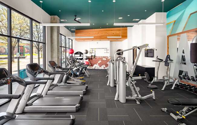 a gym filled with cardio equipment and weights