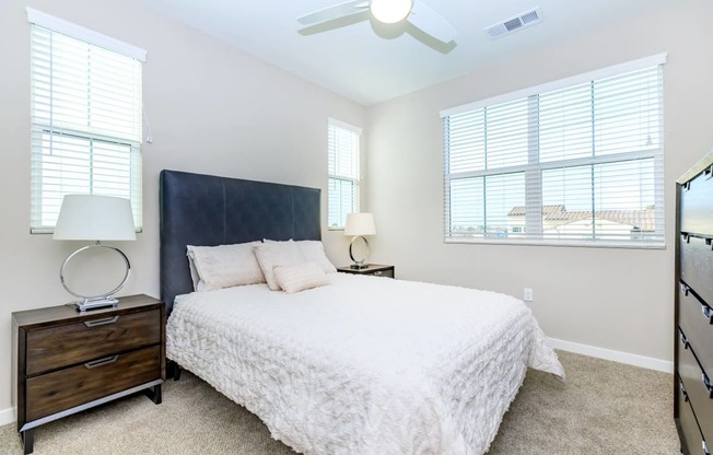 a bedroom with a large bed and two windows