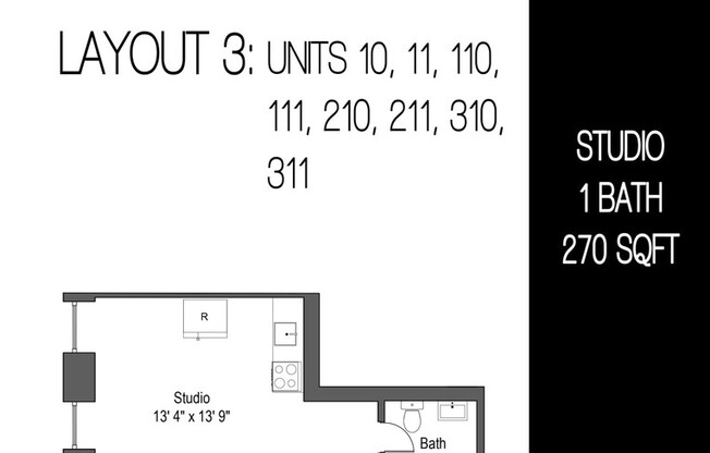 Studio, 1 bath, 305 sqft, $1,000, Unit 310