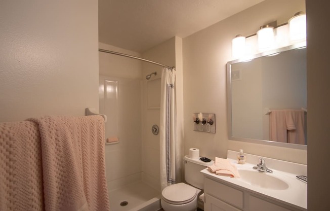 This is a photo of the primary bathroom of the 1100 square foot 2 bedroom Kettering floor plan at Washington Park Apartments in Centerville, OH.