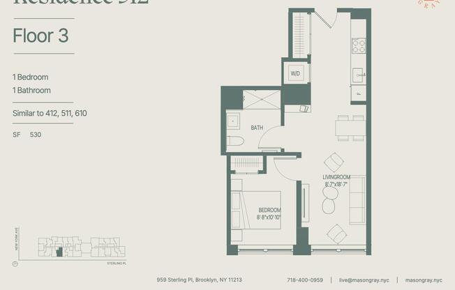 1 bed, 1 bath, 530 sqft, $3,500, Unit 412