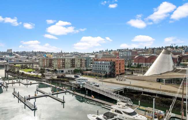 a view of a harbor with boats and a city in the background