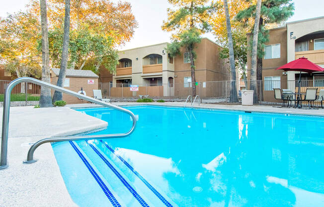 Tanglewood pool view with relaxation area and tall trees surrounding