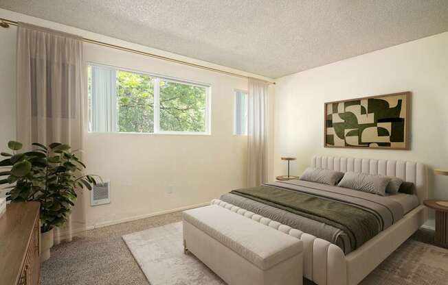 A bedroom with a large bed and a painting on the wall.