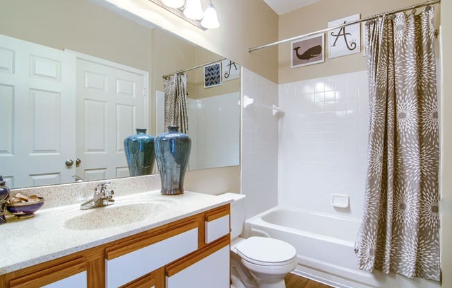 Enclave at Wolfchase Apartments in Cordova Tennessee photo of a bathroom with a white toilet next to a bathtub with a shower curtain