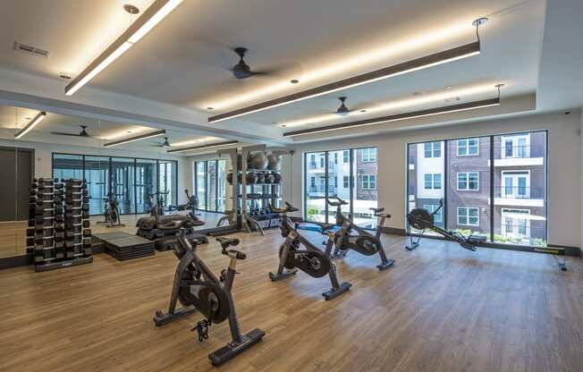 a gym with exercise bikes and windows in a building