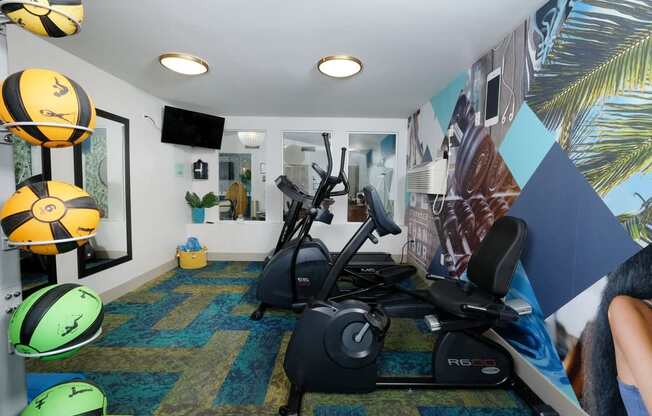 Gym at Watermark Apartments in Lakeland, Fl with three cardio machines, exercise balls, and wall air conditioning unit.