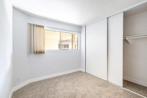 A room with a carpeted floor and a window with blinds.