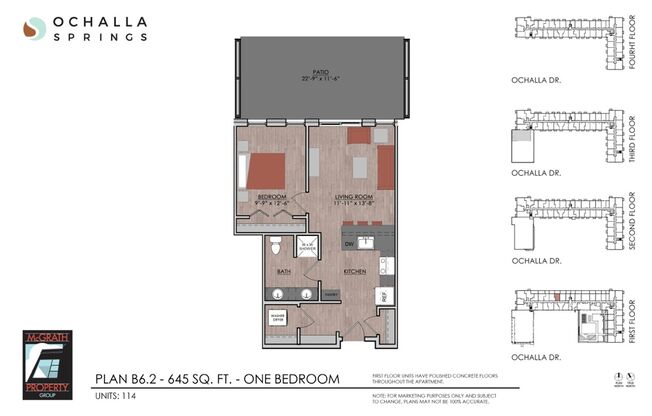 1 bed, 1 bath, 645 sqft, $1,585, Unit 114
