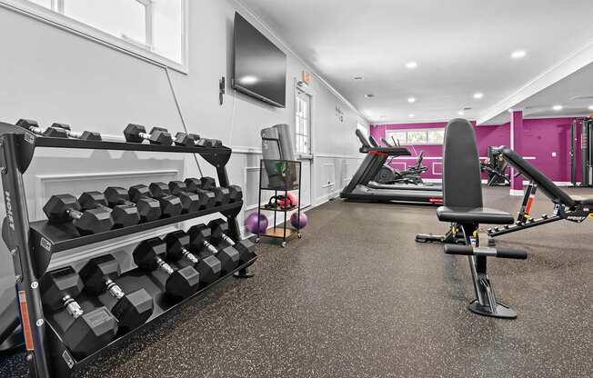 A gym with a variety of equipment including dumbbells, a bench press, and a treadmill.