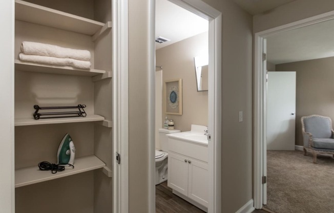 This is picture of the hall linen closet in the 823 square foot 2 bedroom apartment at Aspen Village Apartments in the Westwood neighborhood of Cincinnati, OH.