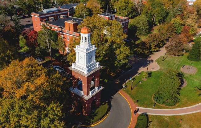 an aerial view of the clock tower on the campus