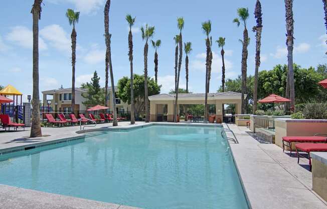 a large pool with red chaise lounges and palm trees in the background