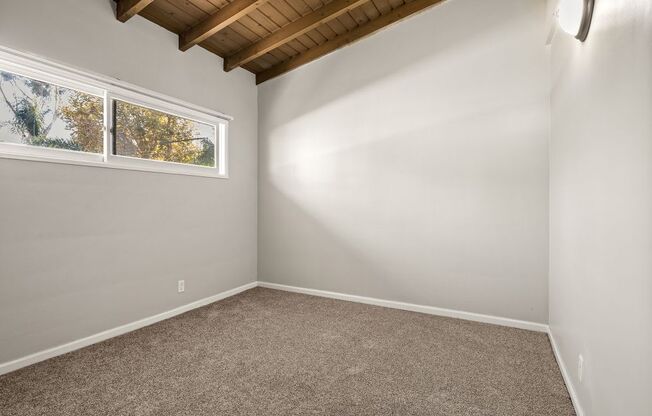 A room with a carpeted floor and a window with a view of trees.