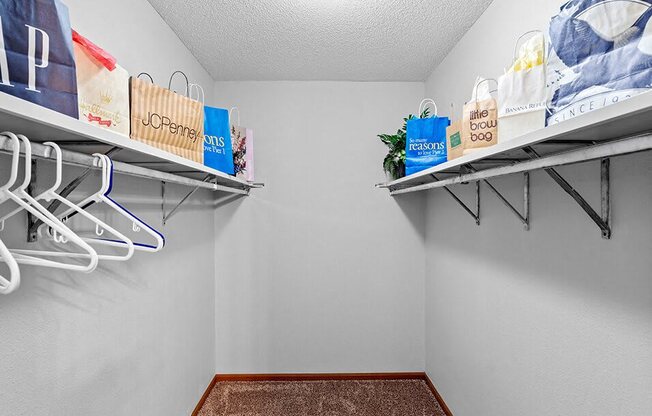 our spacious closet has shelves and hangers for clothes