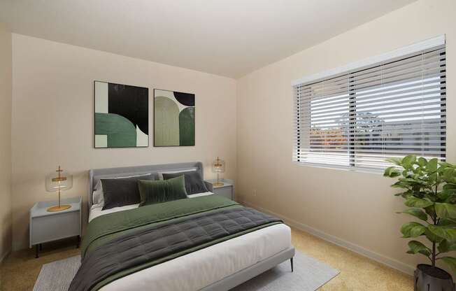 A bedroom with a large bed and a painting on the wall.