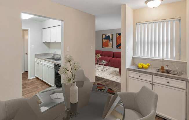 This is a photo of a virtually staged dining room in the 650 square foot 1 bedroom, 1 bath apartment at Preston Park Apartments in Dallas, TX.