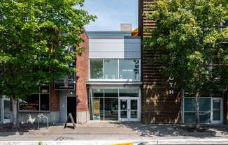 a brick building with glass windows and a tree on the sidewalk