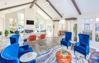 a living room filled with furniture and a blue chair