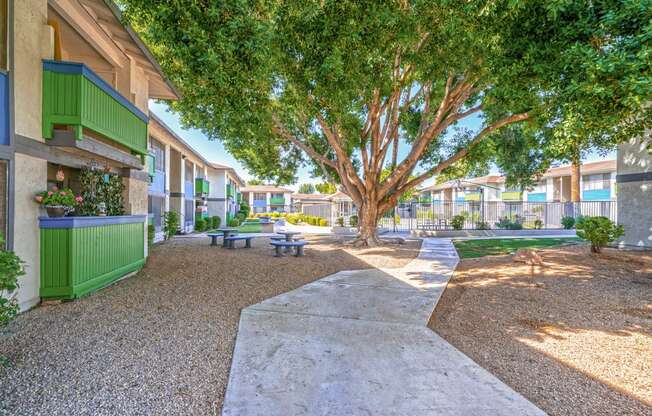 a courtyard with benches and trees in front of a building