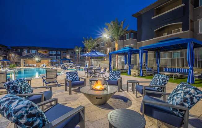 Pool side seating with fire place at Level 25 at Sunset by Picerne, Nevada