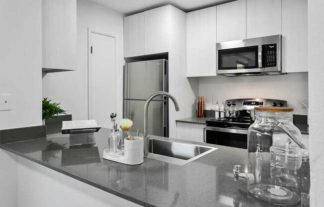 A modern kitchen with a black countertop and stainless steel appliances.