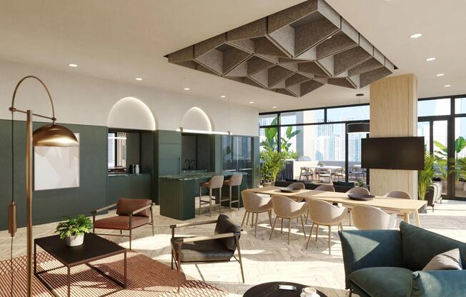 36th-floor social lounge with gathering space, demonstration kitchen, and outdoor terrace.
