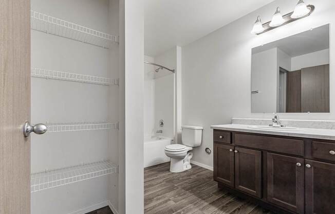 A bathroom with a toilet, sink, and wooden floors.
